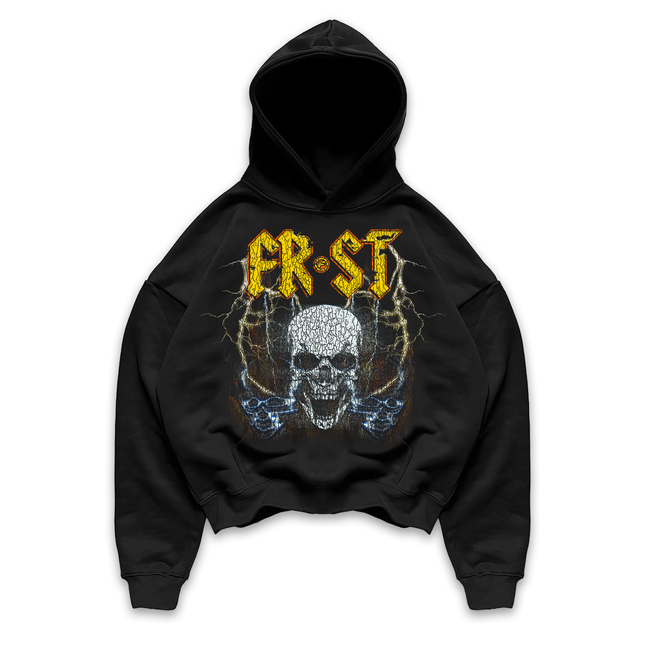 Black oversized boxy fit pullover hoodie named 'Rockstar Hoodie' featuring a vintage-inspired AC/DC-style graphic print on the front. Made from 100% cotton, 500GSM heavyweight fabric, designed to replicate classic band tee aesthetics
