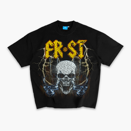 Black oversized boxy fit t-shirt named 'Rockstar Tee' featuring a vintage-inspired AC/DC-style graphic print on the front & back. Made from 100% cotton, 300GSM heavyweight fabric, designed to replicate classic band tee aesthetics