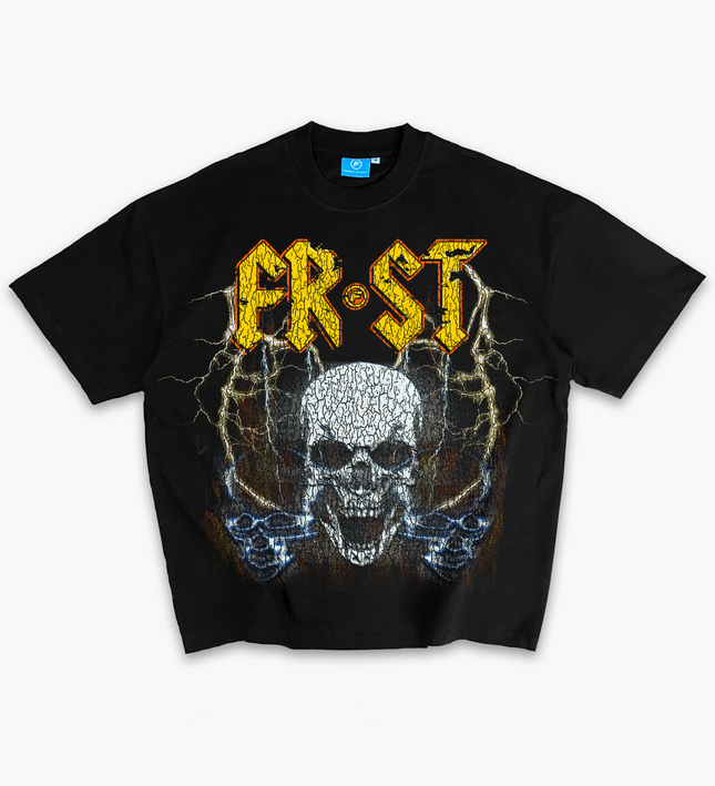 Black oversized boxy fit t-shirt named 'Rockstar Tee' featuring a vintage-inspired AC/DC-style graphic print on the front & back. Made from 100% cotton, 300GSM heavyweight fabric, designed to replicate classic band tee aesthetics