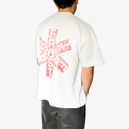 White oversized boxy fit t-shirt named 'Asterisk Tee' featuring a vintage-inspired Red Hot Chili Peppers-style graphic print on the front & back. Made from 100% cotton, 300GSM heavyweight fabric, designed to replicate classic band tee aesthetics