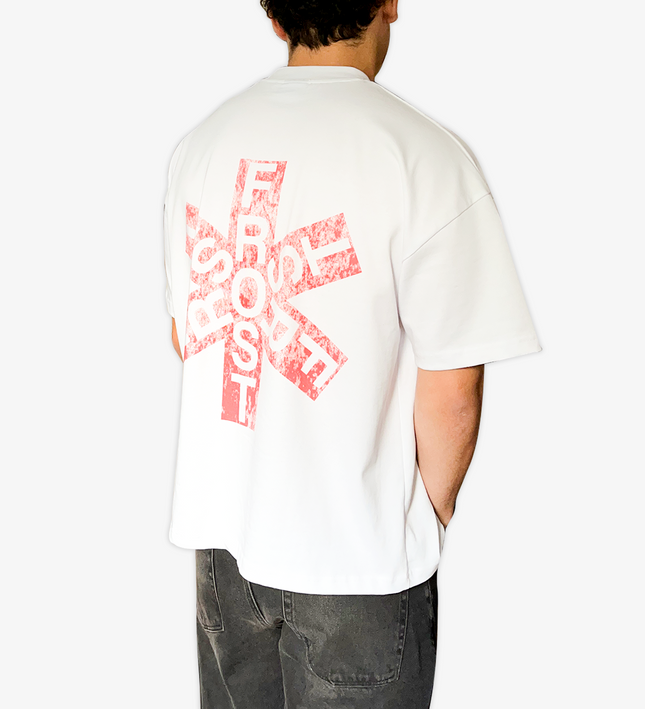 White oversized boxy fit t-shirt named 'Asterisk Tee' featuring a vintage-inspired Red Hot Chili Peppers-style graphic print on the front & back. Made from 100% cotton, 300GSM heavyweight fabric, designed to replicate classic band tee aesthetics