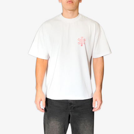 White oversized boxy fit t-shirt named 'Asterisk Tee' featuring a vintage-inspired Red Hot Chili Peppers-style graphic print on the front & back. Made from 100% cotton, 300GSM heavyweight fabric, designed to replicate classic band tee aesthetics