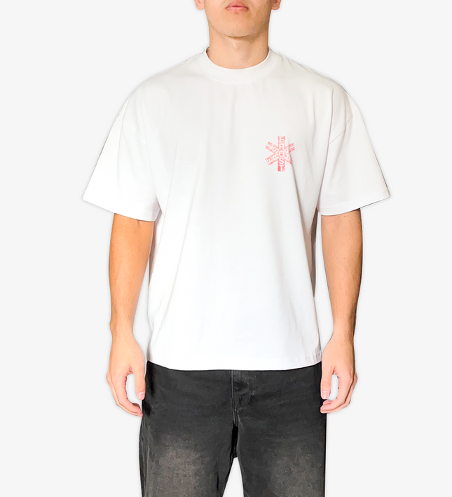 White oversized boxy fit t-shirt named 'Asterisk Tee' featuring a vintage-inspired Red Hot Chili Peppers-style graphic print on the front & back. Made from 100% cotton, 300GSM heavyweight fabric, designed to replicate classic band tee aesthetics
