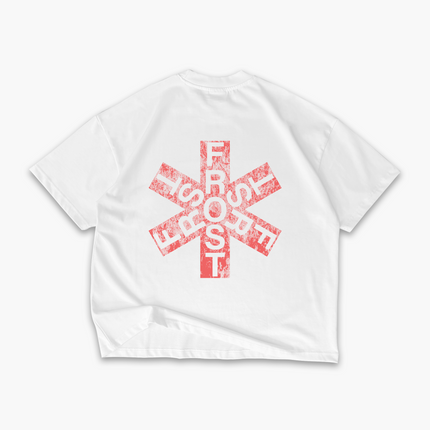 White oversized boxy fit t-shirt named 'Asterisk Tee' featuring a vintage-inspired Red Hot Chili Peppers-style graphic print on the front & back. Made from 100% cotton, 300GSM heavyweight fabric, designed to replicate classic band tee aesthetics