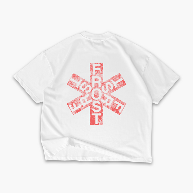 White oversized boxy fit t-shirt named 'Asterisk Tee' featuring a vintage-inspired Red Hot Chili Peppers-style graphic print on the front & back. Made from 100% cotton, 300GSM heavyweight fabric, designed to replicate classic band tee aesthetics