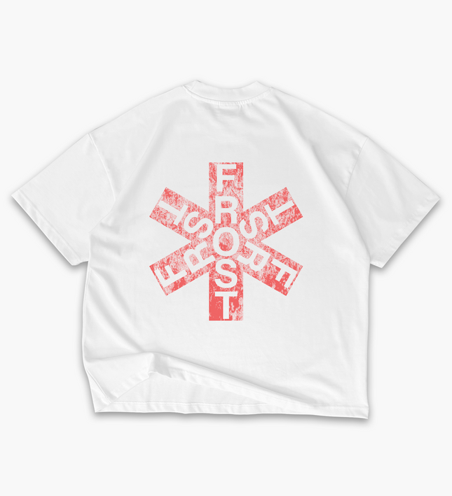 White oversized boxy fit t-shirt named 'Asterisk Tee' featuring a vintage-inspired Red Hot Chili Peppers-style graphic print on the front & back. Made from 100% cotton, 300GSM heavyweight fabric, designed to replicate classic band tee aesthetics
