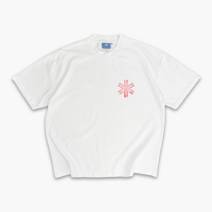 White oversized boxy fit t-shirt named 'Asterisk Tee' featuring a vintage-inspired Red Hot Chili Peppers-style graphic print on the front & back. Made from 100% cotton, 300GSM heavyweight fabric, designed to replicate classic band tee aesthetics