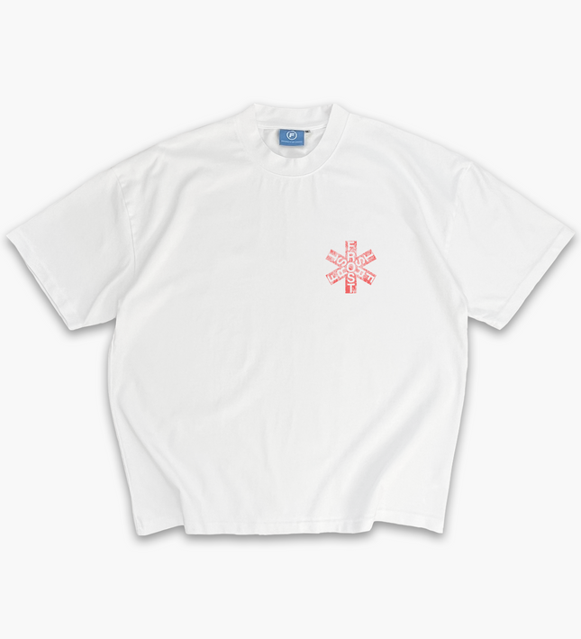 White oversized boxy fit t-shirt named 'Asterisk Tee' featuring a vintage-inspired Red Hot Chili Peppers-style graphic print on the front & back. Made from 100% cotton, 300GSM heavyweight fabric, designed to replicate classic band tee aesthetics