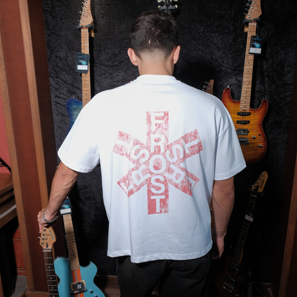 White oversized boxy fit t-shirt named 'Asterisk Tee' featuring a vintage-inspired Red Hot Chili Peppers-style graphic print on the front & back. Made from 100% cotton, 300GSM heavyweight fabric, designed to replicate classic band tee aesthetics