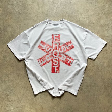 White oversized boxy fit t-shirt named 'Asterisk Tee' featuring a vintage-inspired Red Hot Chili Peppers-style graphic print on the front & back. Made from 100% cotton, 300GSM heavyweight fabric, designed to replicate classic band tee aesthetics
