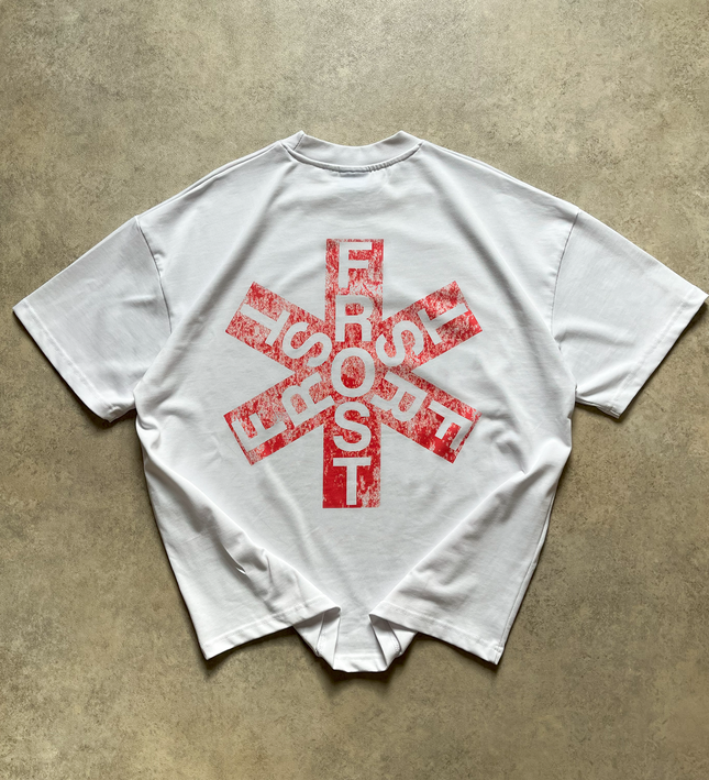 White oversized boxy fit t-shirt named 'Asterisk Tee' featuring a vintage-inspired Red Hot Chili Peppers-style graphic print on the front & back. Made from 100% cotton, 300GSM heavyweight fabric, designed to replicate classic band tee aesthetics