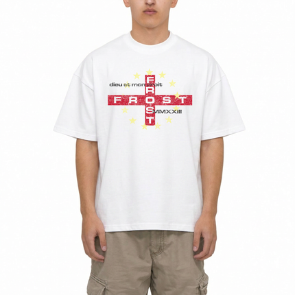 Heavyweight 100% Cotton Boxy Oversized Luxury England White T-Shirt — St George's Cross Distressed Graphic Tee with FROST Clothing MMXXIII Design | England Football World Cup 2026