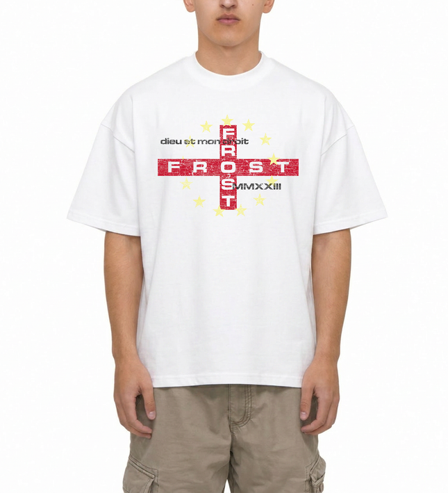 Heavyweight 100% Cotton Boxy Oversized Luxury England White T-Shirt — St George's Cross Distressed Graphic Tee with FROST Clothing MMXXIII Design | England Football World Cup 2026