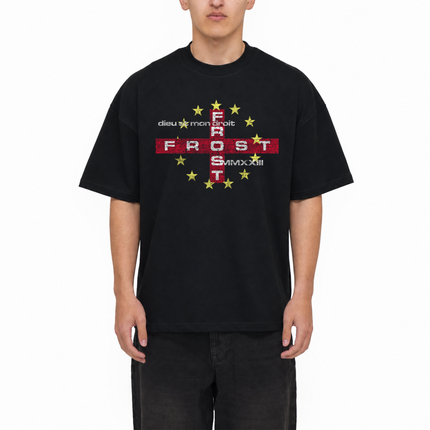 Heavyweight 100% Cotton Boxy Oversized Luxury England Black T-Shirt — St George's Cross Distressed Graphic Tee with FROST Clothing MMXXIII Design | England Football World Cup 2026