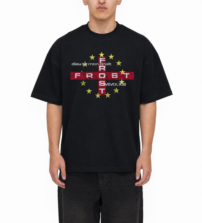 Heavyweight 100% Cotton Boxy Oversized Luxury England Black T-Shirt — St George's Cross Distressed Graphic Tee with FROST Clothing MMXXIII Design | England Football World Cup 2026