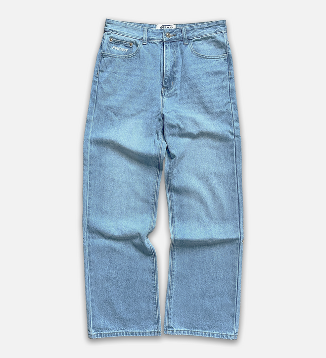Frost Clothing 14oz Baggy Streetwear, Straight Fit, Light Wash Denim Jeans. Frost Dual Denim.