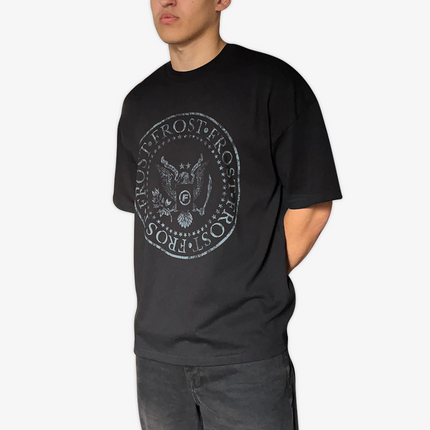 Black oversized boxy fit t-shirt named 'Establishment Tee' featuring a vintage-inspired Ramones-style graphic print on the front. Made from 100% cotton, 300GSM heavyweight fabric, designed to replicate classic band tee aesthetics