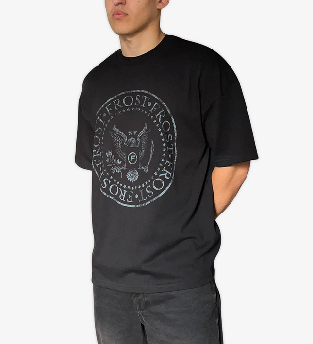 Black oversized boxy fit t-shirt named 'Establishment Tee' featuring a vintage-inspired Ramones-style graphic print on the front. Made from 100% cotton, 300GSM heavyweight fabric, designed to replicate classic band tee aesthetics