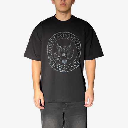 Black oversized boxy fit t-shirt named 'Establishment Tee' featuring a vintage-inspired Ramones-style graphic print on the front. Made from 100% cotton, 300GSM heavyweight fabric, designed to replicate classic band tee aesthetics