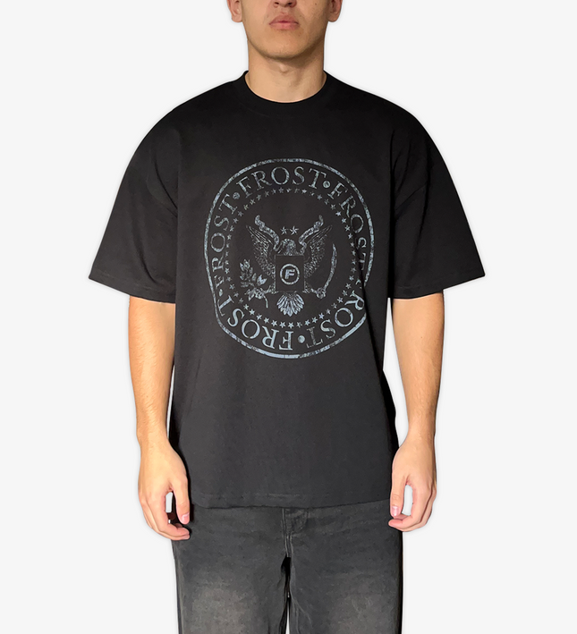 Black oversized boxy fit t-shirt named 'Establishment Tee' featuring a vintage-inspired Ramones-style graphic print on the front. Made from 100% cotton, 300GSM heavyweight fabric, designed to replicate classic band tee aesthetics