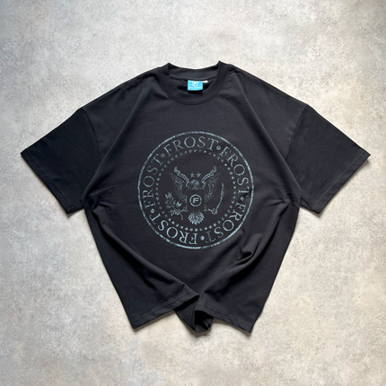 Black oversized boxy fit t-shirt named 'Establishment Tee' featuring a vintage-inspired Ramones-style graphic print on the front. Made from 100% cotton, 300GSM heavyweight fabric, designed to replicate classic band tee aesthetics
