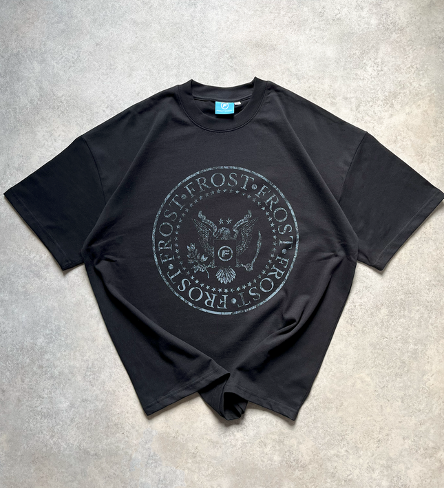 Black oversized boxy fit t-shirt named 'Establishment Tee' featuring a vintage-inspired Ramones-style graphic print on the front. Made from 100% cotton, 300GSM heavyweight fabric, designed to replicate classic band tee aesthetics