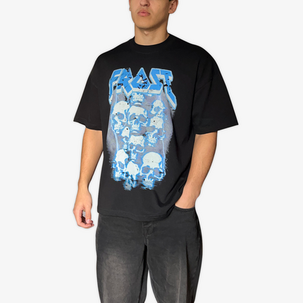 Black oversized boxy fit t-shirt named 'Graveyard Tee' featuring a vintage-inspired Metallica-style graphic print on the front. Made from 100% cotton, 300GSM heavyweight fabric, designed to replicate classic band tee aesthetics