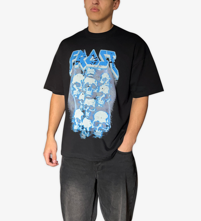 Black oversized boxy fit t-shirt named 'Graveyard Tee' featuring a vintage-inspired Metallica-style graphic print on the front. Made from 100% cotton, 300GSM heavyweight fabric, designed to replicate classic band tee aesthetics