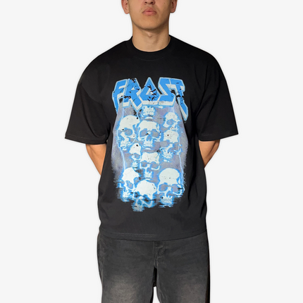 Black oversized boxy fit t-shirt named 'Graveyard Tee' featuring a vintage-inspired Metallica-style graphic print on the front. Made from 100% cotton, 300GSM heavyweight fabric, designed to replicate classic band tee aesthetics
