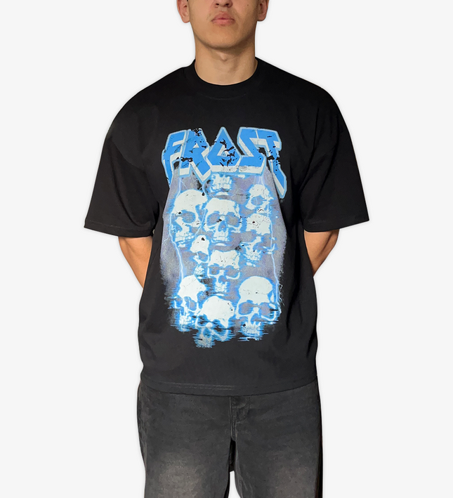 Black oversized boxy fit t-shirt named 'Graveyard Tee' featuring a vintage-inspired Metallica-style graphic print on the front. Made from 100% cotton, 300GSM heavyweight fabric, designed to replicate classic band tee aesthetics