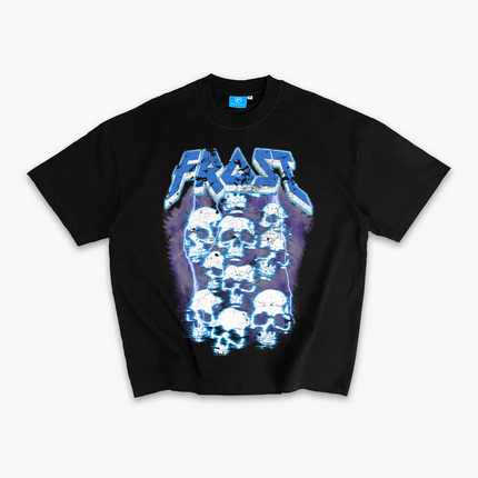 Black oversized boxy fit t-shirt named 'Graveyard Tee' featuring a vintage-inspired Metallica-style graphic print on the front. Made from 100% cotton, 300GSM heavyweight fabric, designed to replicate classic band tee aesthetics