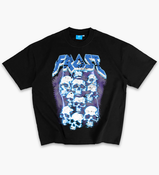 Black oversized boxy fit t-shirt named 'Graveyard Tee' featuring a vintage-inspired Metallica-style graphic print on the front. Made from 100% cotton, 300GSM heavyweight fabric, designed to replicate classic band tee aesthetics