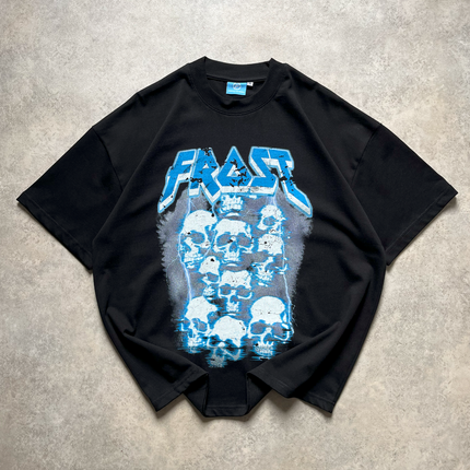 Black oversized boxy fit t-shirt named 'Graveyard Tee' featuring a vintage-inspired Metallica-style graphic print on the front. Made from 100% cotton, 300GSM heavyweight fabric, designed to replicate classic band tee aesthetics