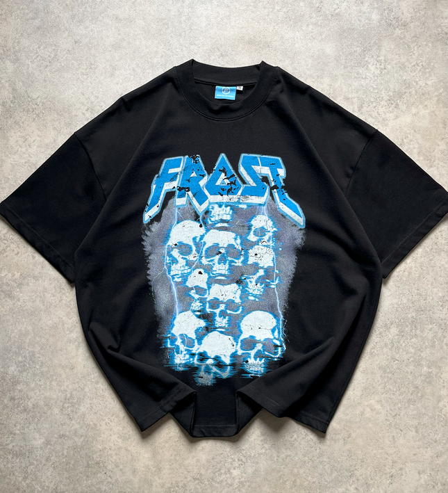 Black oversized boxy fit t-shirt named 'Graveyard Tee' featuring a vintage-inspired Metallica-style graphic print on the front. Made from 100% cotton, 300GSM heavyweight fabric, designed to replicate classic band tee aesthetics