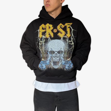 Black oversized boxy fit pullover hoodie named 'Rockstar Hoodie' featuring a vintage-inspired AC/DC-style graphic print on the front. Made from 100% cotton, 500GSM heavyweight fabric, designed to replicate classic band tee aesthetics