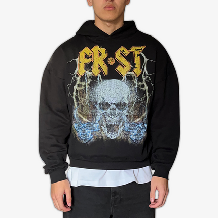 Black oversized boxy fit pullover hoodie named 'Rockstar Hoodie' featuring a vintage-inspired AC/DC-style graphic print on the front. Made from 100% cotton, 500GSM heavyweight fabric, designed to replicate classic band tee aesthetics