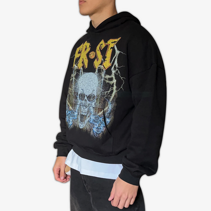 Black oversized boxy fit pullover hoodie named 'Rockstar Hoodie' featuring a vintage-inspired AC/DC-style graphic print on the front. Made from 100% cotton, 500GSM heavyweight fabric, designed to replicate classic band tee aesthetics