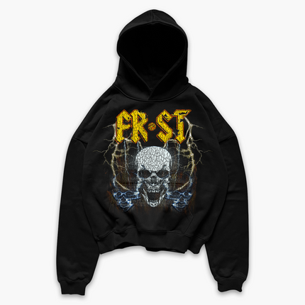 Black oversized boxy fit pullover hoodie named 'Rockstar Hoodie' featuring a vintage-inspired AC/DC-style graphic print on the front. Made from 100% cotton, 500GSM heavyweight fabric, designed to replicate classic band tee aesthetics