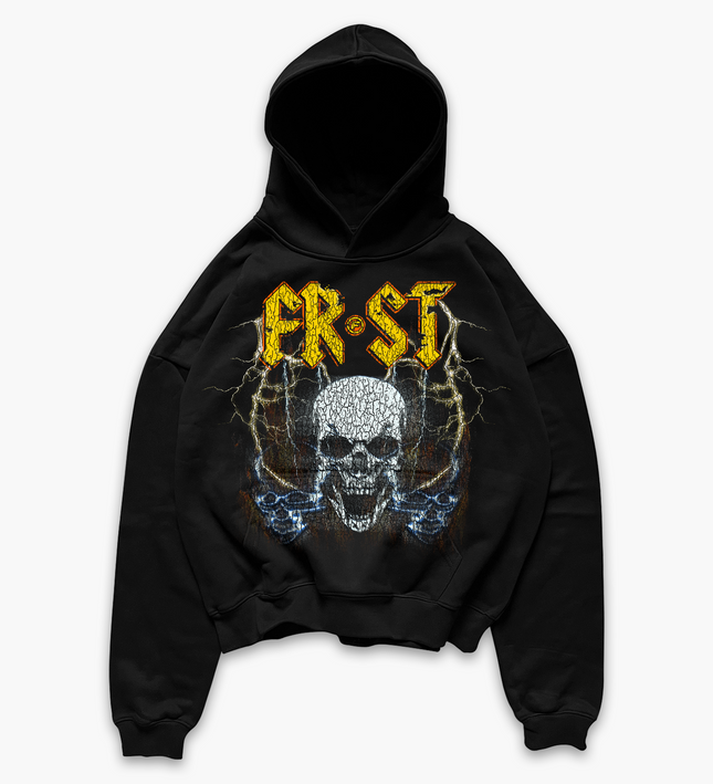 Black oversized boxy fit pullover hoodie named 'Rockstar Hoodie' featuring a vintage-inspired AC/DC-style graphic print on the front. Made from 100% cotton, 500GSM heavyweight fabric, designed to replicate classic band tee aesthetics