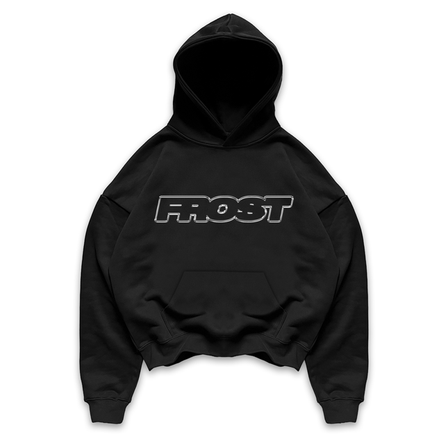 Black oversized boxy fit pullover hoodie named 'Chrome Logo Hoodie' featuring a metallic chrome inspired FROST logo print on the front. Made from 100% cotton, 500GSM heavyweight fabric, with a cropped & boxy fit.