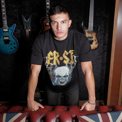 Black oversized boxy fit t-shirt named 'Rockstar Tee' featuring a vintage-inspired AC/DC-style graphic print on the front & back. Made from 100% cotton, 300GSM heavyweight fabric, designed to replicate classic band tee aesthetics