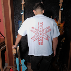 White oversized boxy fit t-shirt named 'Asterisk Tee' featuring a vintage-inspired Red Hot Chili Peppers-style graphic print on the front & back. Made from 100% cotton, 300GSM heavyweight fabric, designed to replicate classic band tee aesthetics
