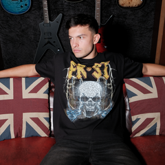 Black oversized boxy fit t-shirt named 'Rockstar Tee' featuring a vintage-inspired AC/DC-style graphic print on the front & back. Made from 100% cotton, 300GSM heavyweight fabric, designed to replicate classic band tee aesthetics