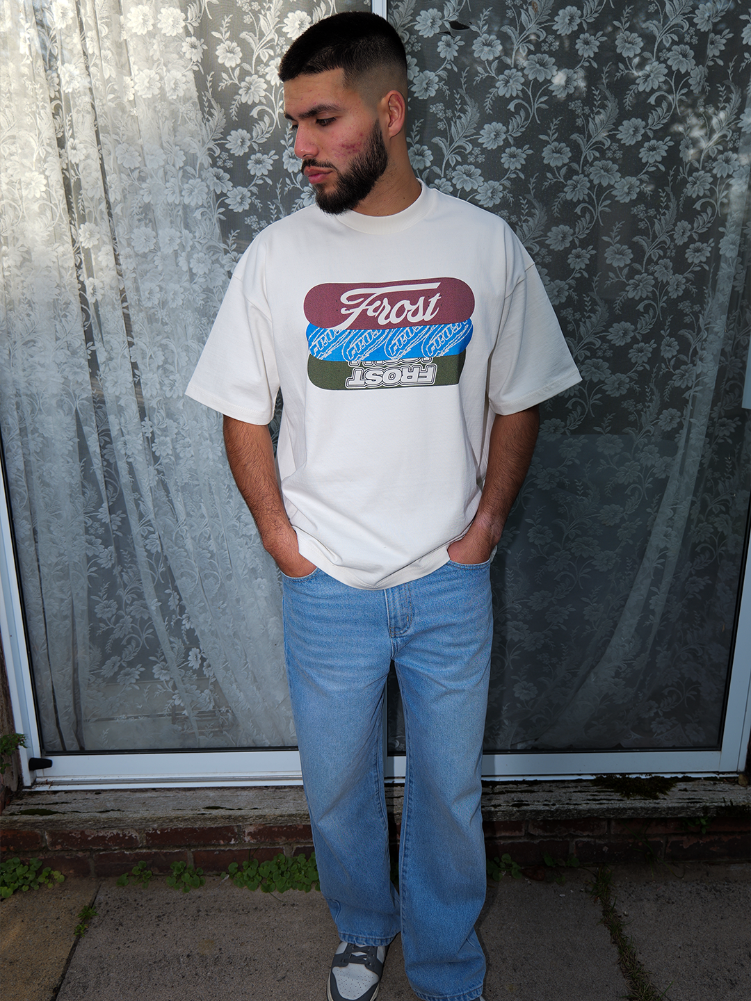 Frost Clothing 300GSM Heavyweight, Boxy Fit Skateboard Graphic Tee. Dual Denim Jeans.