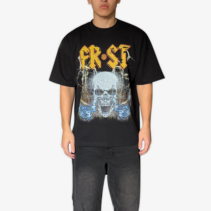 Black oversized boxy fit t-shirt named 'Rockstar Tee' featuring a vintage-inspired AC/DC-style graphic print on the front & back. Made from 100% cotton, 300GSM heavyweight fabric, designed to replicate classic band tee aesthetics