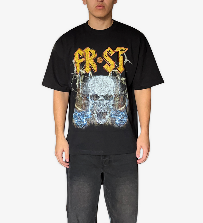 Black oversized boxy fit t-shirt named 'Rockstar Tee' featuring a vintage-inspired AC/DC-style graphic print on the front & back. Made from 100% cotton, 300GSM heavyweight fabric, designed to replicate classic band tee aesthetics