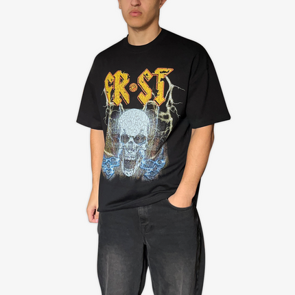 Black oversized boxy fit t-shirt named 'Rockstar Tee' featuring a vintage-inspired AC/DC-style graphic print on the front & back. Made from 100% cotton, 300GSM heavyweight fabric, designed to replicate classic band tee aesthetics