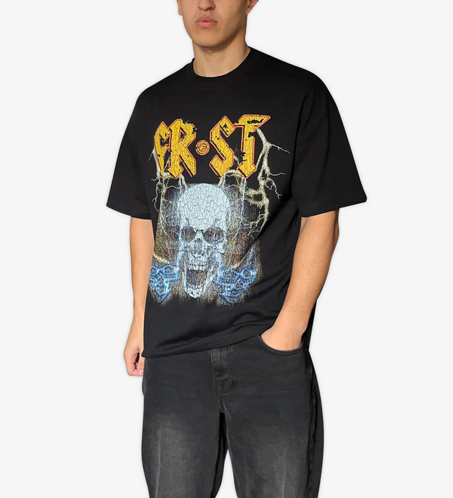 Black oversized boxy fit t-shirt named 'Rockstar Tee' featuring a vintage-inspired AC/DC-style graphic print on the front & back. Made from 100% cotton, 300GSM heavyweight fabric, designed to replicate classic band tee aesthetics