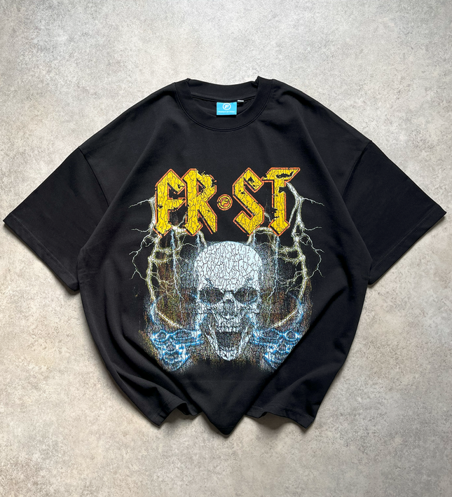 Black oversized boxy fit t-shirt named 'Rockstar Tee' featuring a vintage-inspired AC/DC-style graphic print on the front & back. Made from 100% cotton, 300GSM heavyweight fabric, designed to replicate classic band tee aesthetics