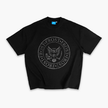 Black oversized boxy fit t-shirt named 'Establishment Tee' featuring a vintage-inspired Ramones-style graphic print on the front. Made from 100% cotton, 300GSM heavyweight fabric, designed to replicate classic band tee aesthetics